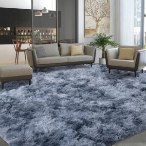 Modern Plush Area Rug 9x12, Ultra Soft Tie Dye Large Faux Fur Area Rug for Bedroom Living Room, Non-Skid Indoor Carpet for Kids Playroom Home Decor, Grey