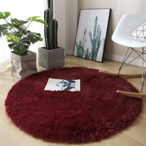 BESTORI Fluffy Rugs for Bedroom Round Shag Cute Area Rug Non-Slip Soft Shaggy Circle Carpet for Entryway Bedroom Bedside Kitchen Hallway Living Room Burgundy, 31.5 in