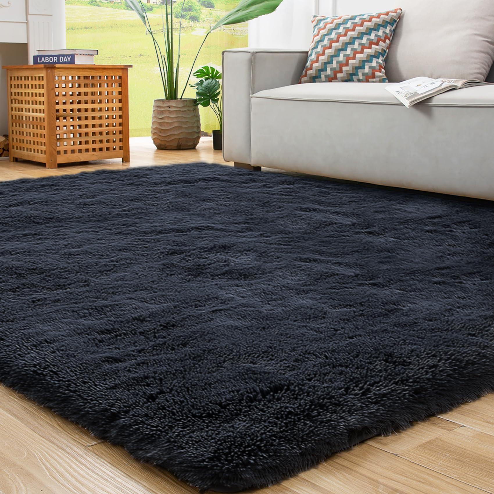 ROCYJULIN Area Rug, 6x9 Shag Rug, Non-Slip Polyester Carpet for Living Room, Black