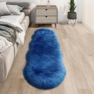 Faux Fur Rug for Bedroom, Fluffy Runner Rugs Soft Sheepskin Rug Sofa Couch Seat Cushion, 2x6ft Dark Blue Plush Area Rug Shag Rugs Floor Carpets for Nursery Bedside, Cute Shaggy Fuzzy Home Decor