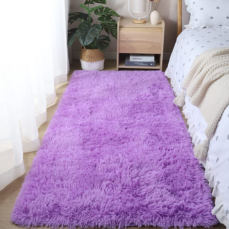 BESTORI Fluffy Rug for Bedroom Furry Shag Area Carpets Tie Dye Anti-Slip Plush Shaggy Rugs for Kids Girls Nursery Dorm Living Room Home Decor Purple, 15.7 x 23.6 in