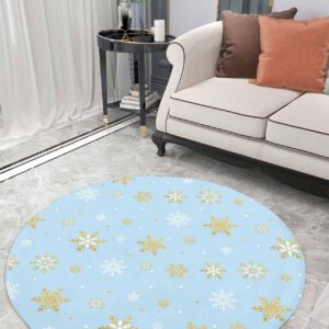 Snowflake Blue Fluffy Round Area Rug Carpets 3.3ft, Plush Shaggy Carpet Soft Circular Rugs, Non-Slip Fuzzy Accent Floor Mat for Living Room Bedroom Nursery Winter Christmas Contemporary Gold White
