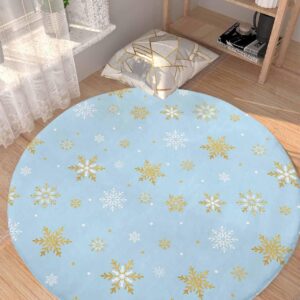 Snowflake Blue Fluffy Round Area Rug Carpets 3.3ft, Plush Shaggy Carpet Soft Circular Rugs, Non-Slip Fuzzy Accent Floor Mat for Living Room Bedroom Nursery Winter Christmas Contemporary Gold White