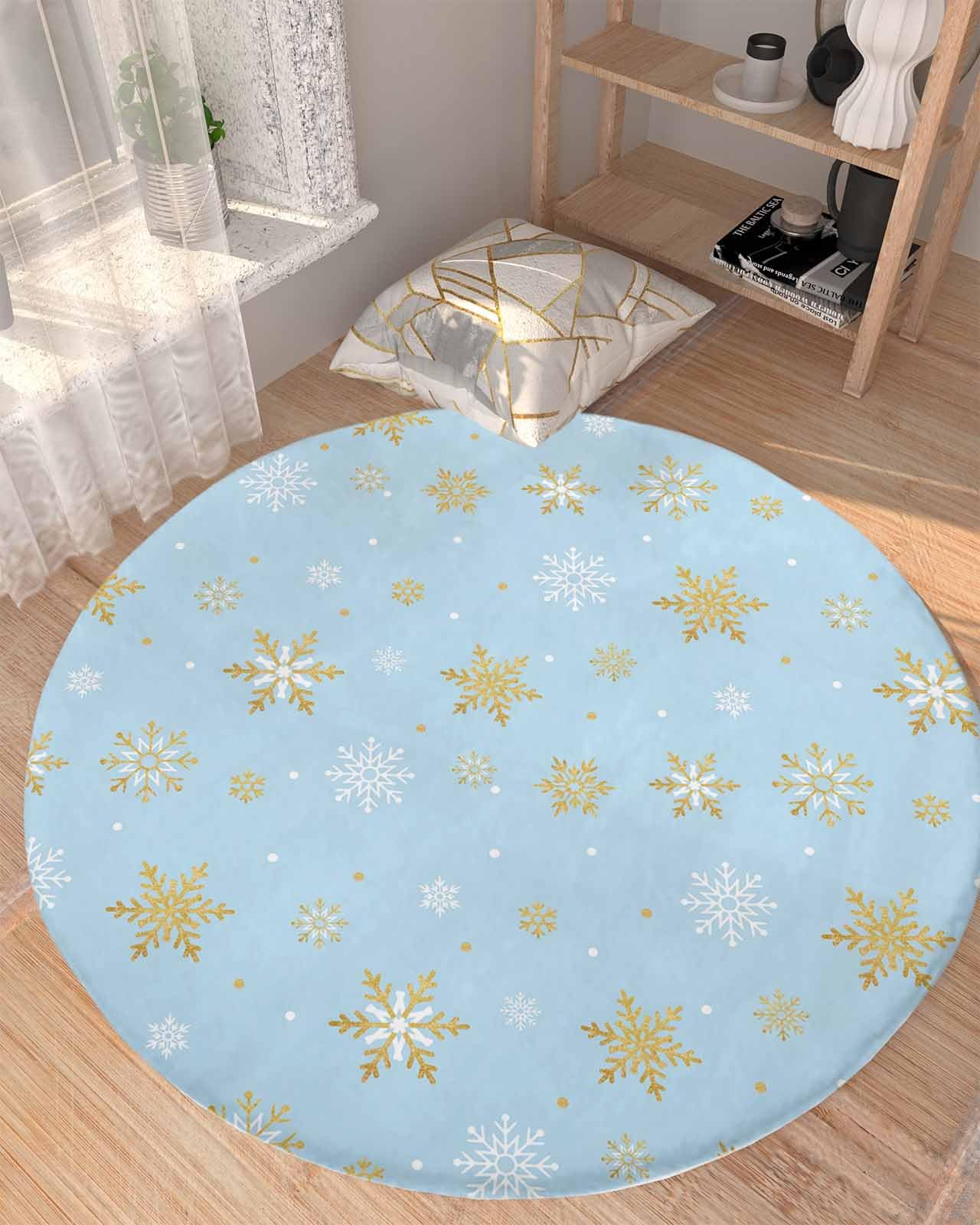 Snowflake Blue Fluffy Round Area Rug Carpets 3.3ft, Plush Shaggy Carpet Soft Circular Rugs, Non-Slip Fuzzy Accent Floor Mat for Living Room Bedroom Nursery Winter Christmas Contemporary Gold White