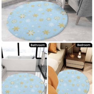 Snowflake Blue Fluffy Round Area Rug Carpets 3.3ft, Plush Shaggy Carpet Soft Circular Rugs, Non-Slip Fuzzy Accent Floor Mat for Living Room Bedroom Nursery Winter Christmas Contemporary Gold White