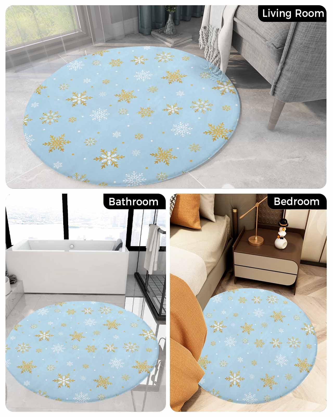 Snowflake Blue Fluffy Round Area Rug Carpets 3.3ft, Plush Shaggy Carpet Soft Circular Rugs, Non-Slip Fuzzy Accent Floor Mat for Living Room Bedroom Nursery Winter Christmas Contemporary Gold White