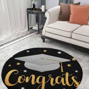 Graduation Cap Fluffy Round Area Rug Carpets 3ft, Plush Shaggy Carpet Soft Circular Rugs, Non-Slip Fuzzy Accent Floor Mat for Living Room Bedroom Nursery Home Decor Star Black Gold Grey