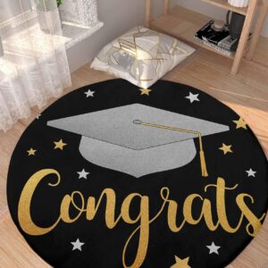 Graduation Cap Fluffy Round Area Rug Carpets 3ft, Plush Shaggy Carpet Soft Circular Rugs, Non-Slip Fuzzy Accent Floor Mat for Living Room Bedroom Nursery Home Decor Star Black Gold Grey