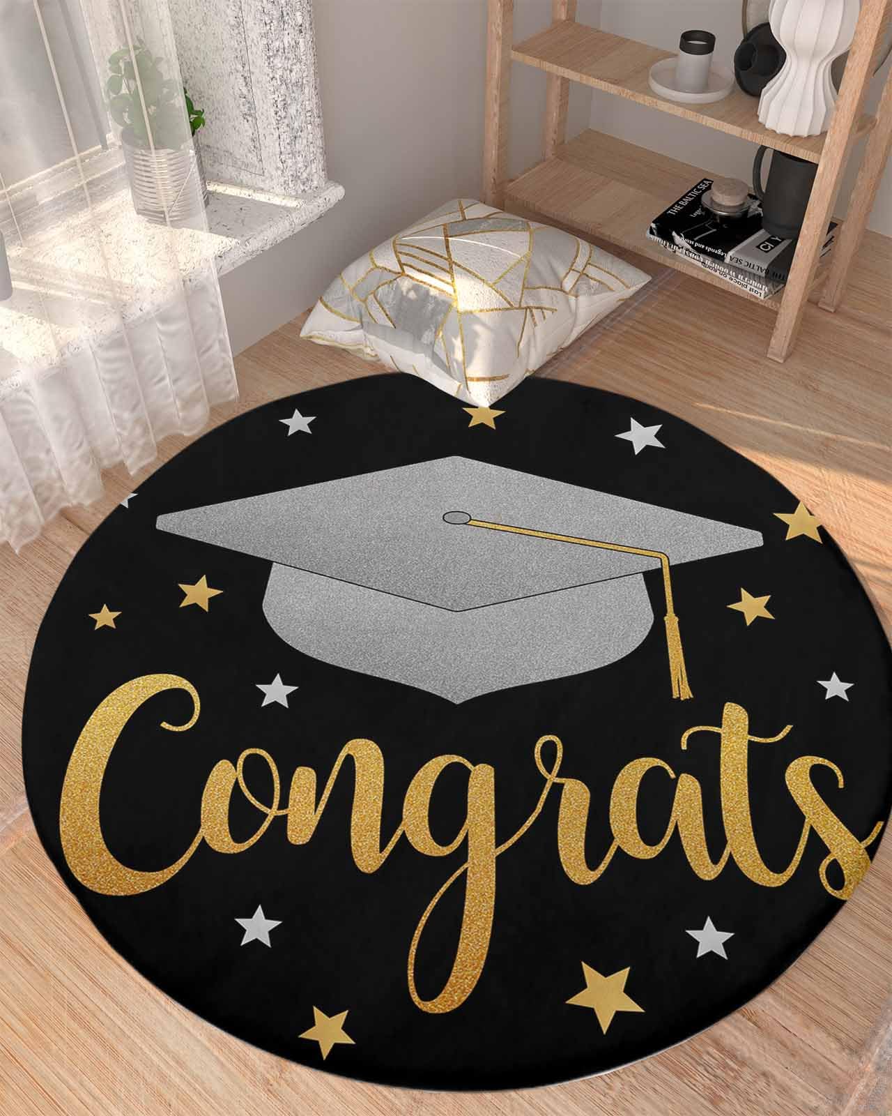 Graduation Cap Fluffy Round Area Rug Carpets 3ft, Plush Shaggy Carpet Soft Circular Rugs, Non-Slip Fuzzy Accent Floor Mat for Living Room Bedroom Nursery Home Decor Star Black Gold Grey