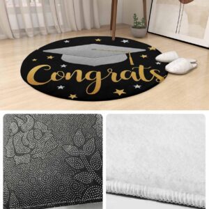 Graduation Cap Fluffy Round Area Rug Carpets 3ft, Plush Shaggy Carpet Soft Circular Rugs, Non-Slip Fuzzy Accent Floor Mat for Living Room Bedroom Nursery Home Decor Star Black Gold Grey