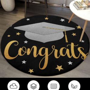 Graduation Cap Fluffy Round Area Rug Carpets 3ft, Plush Shaggy Carpet Soft Circular Rugs, Non-Slip Fuzzy Accent Floor Mat for Living Room Bedroom Nursery Home Decor Star Black Gold Grey