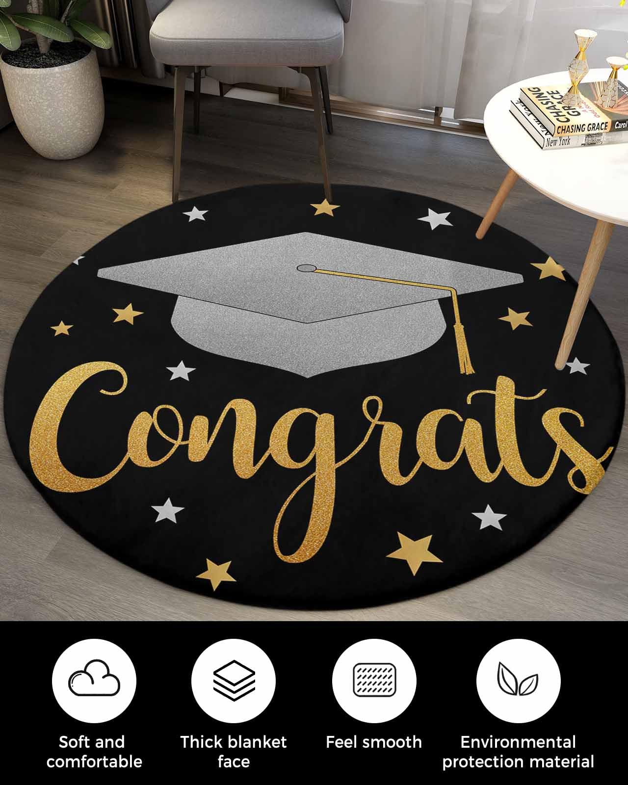 Graduation Cap Fluffy Round Area Rug Carpets 3ft, Plush Shaggy Carpet Soft Circular Rugs, Non-Slip Fuzzy Accent Floor Mat for Living Room Bedroom Nursery Home Decor Star Black Gold Grey