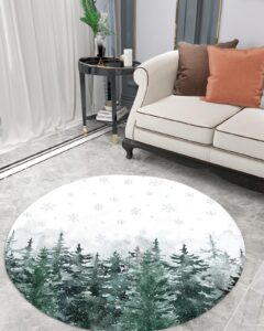 christmas fluffy round area rug carpets 3.3ft, plush shaggy carpet soft circular rugs, non-slip fuzzy accent floor mat for living room bedroom nursery decor forest winter pine tree snowflake green