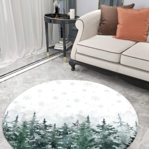 Christmas Fluffy Round Area Rug Carpets 3.3ft, Plush Shaggy Carpet Soft Circular Rugs, Non-Slip Fuzzy Accent Floor Mat for Living Room Bedroom Nursery Decor Forest Winter Pine Tree Snowflake Green