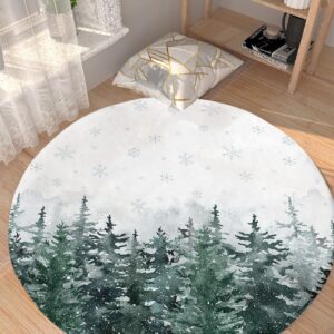 Christmas Fluffy Round Area Rug Carpets 3.3ft, Plush Shaggy Carpet Soft Circular Rugs, Non-Slip Fuzzy Accent Floor Mat for Living Room Bedroom Nursery Decor Forest Winter Pine Tree Snowflake Green