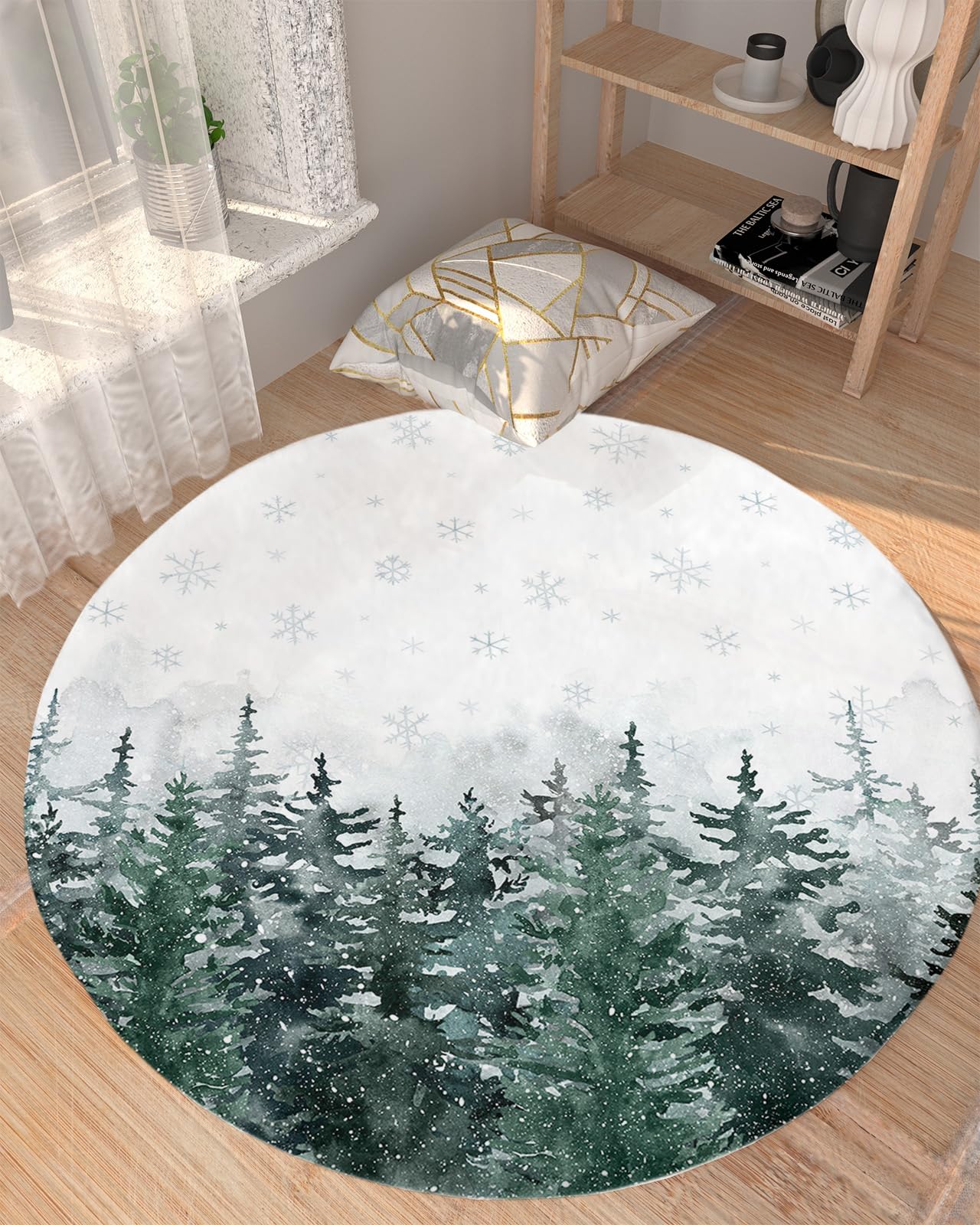 Christmas Fluffy Round Area Rug Carpets 3.3ft, Plush Shaggy Carpet Soft Circular Rugs, Non-Slip Fuzzy Accent Floor Mat for Living Room Bedroom Nursery Decor Forest Winter Pine Tree Snowflake Green