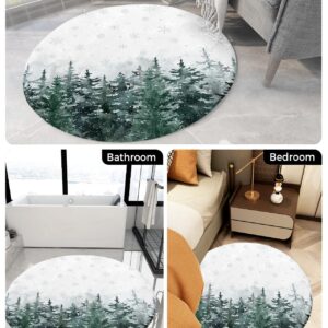 Christmas Fluffy Round Area Rug Carpets 3.3ft, Plush Shaggy Carpet Soft Circular Rugs, Non-Slip Fuzzy Accent Floor Mat for Living Room Bedroom Nursery Decor Forest Winter Pine Tree Snowflake Green