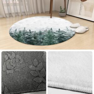 Christmas Fluffy Round Area Rug Carpets 3.3ft, Plush Shaggy Carpet Soft Circular Rugs, Non-Slip Fuzzy Accent Floor Mat for Living Room Bedroom Nursery Decor Forest Winter Pine Tree Snowflake Green