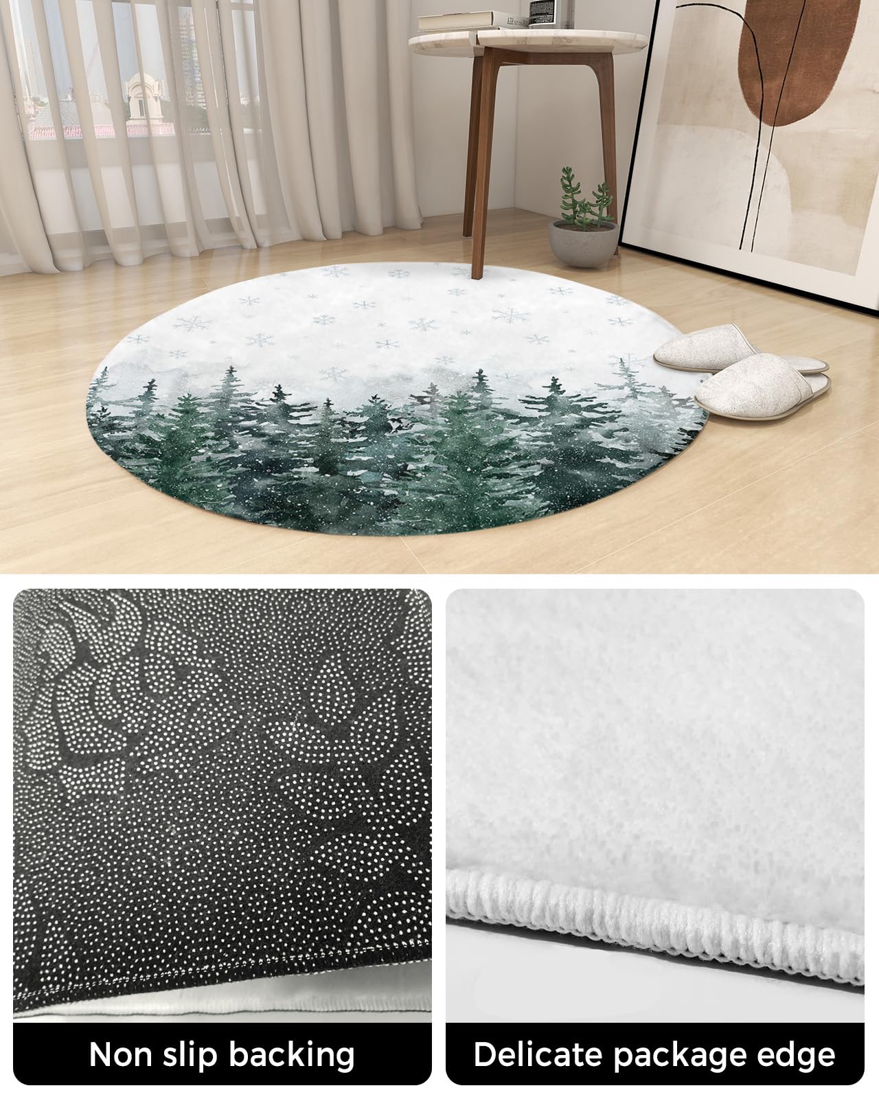 Christmas Fluffy Round Area Rug Carpets 3.3ft, Plush Shaggy Carpet Soft Circular Rugs, Non-Slip Fuzzy Accent Floor Mat for Living Room Bedroom Nursery Decor Forest Winter Pine Tree Snowflake Green