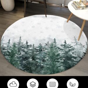 Christmas Fluffy Round Area Rug Carpets 3.3ft, Plush Shaggy Carpet Soft Circular Rugs, Non-Slip Fuzzy Accent Floor Mat for Living Room Bedroom Nursery Decor Forest Winter Pine Tree Snowflake Green