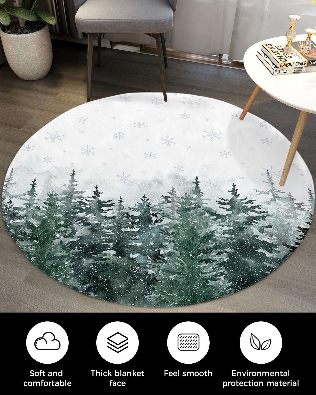 Christmas Fluffy Round Area Rug Carpets 3.3ft, Plush Shaggy Carpet Soft Circular Rugs, Non-Slip Fuzzy Accent Floor Mat for Living Room Bedroom Nursery Decor Forest Winter Pine Tree Snowflake Green