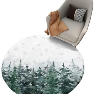 Christmas Fluffy Round Area Rug Carpets 3.3ft, Plush Shaggy Carpet Soft Circular Rugs, Non-Slip Fuzzy Accent Floor Mat for Living Room Bedroom Nursery Decor Forest Winter Pine Tree Snowflake Green