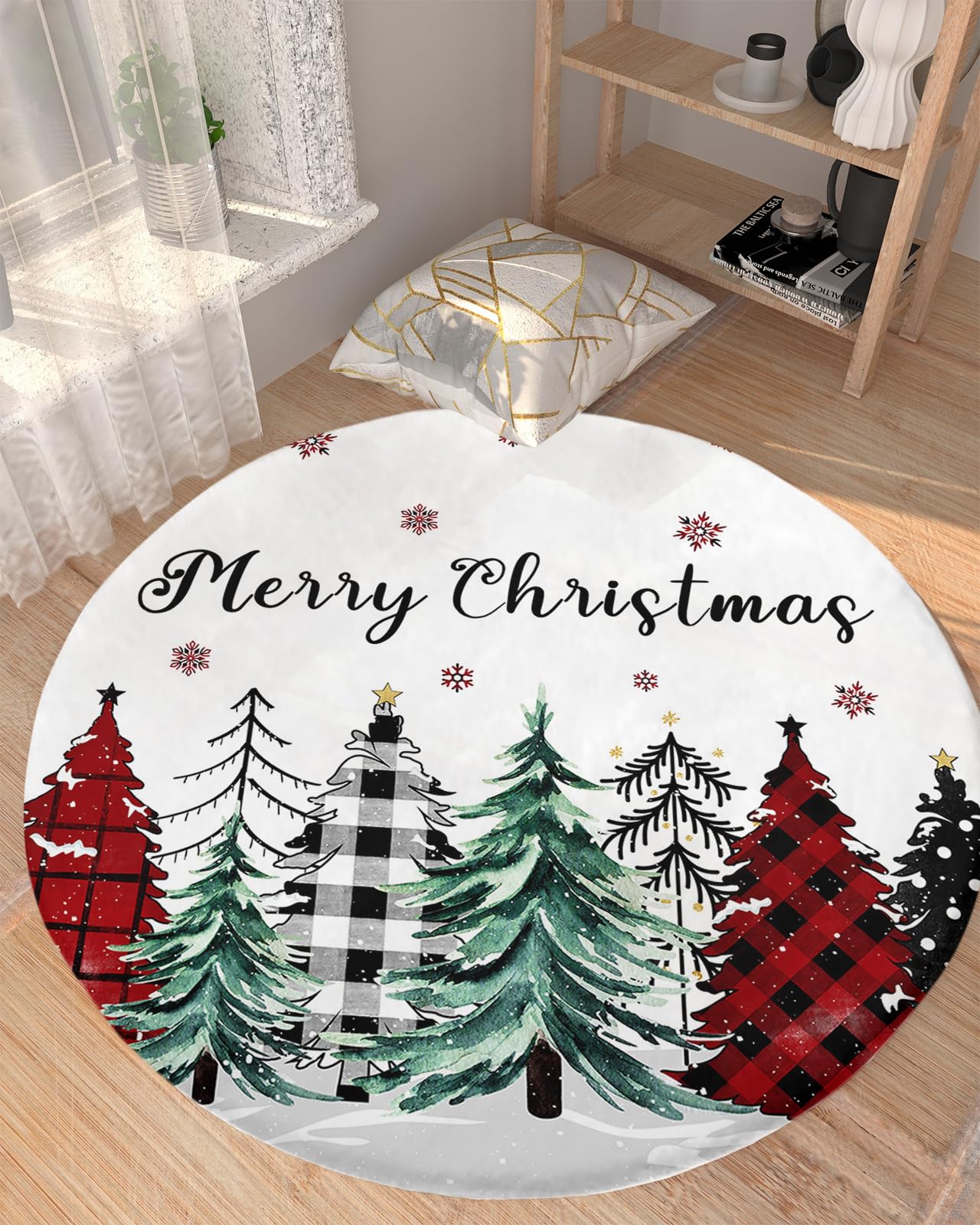 Buffalo Plaid Tree Fluffy Round Area Rug Carpets 3.3ft, Plush Shaggy Carpet Soft Circular Rugs, Non-Slip Fuzzy Accent Floor Mat for Living Room Bedroom Nursery Decor Christmas Red Green Black Dots