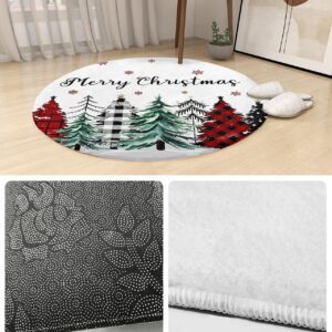 Buffalo Plaid Tree Fluffy Round Area Rug Carpets 3.3ft, Plush Shaggy Carpet Soft Circular Rugs, Non-Slip Fuzzy Accent Floor Mat for Living Room Bedroom Nursery Decor Christmas Red Green Black Dots