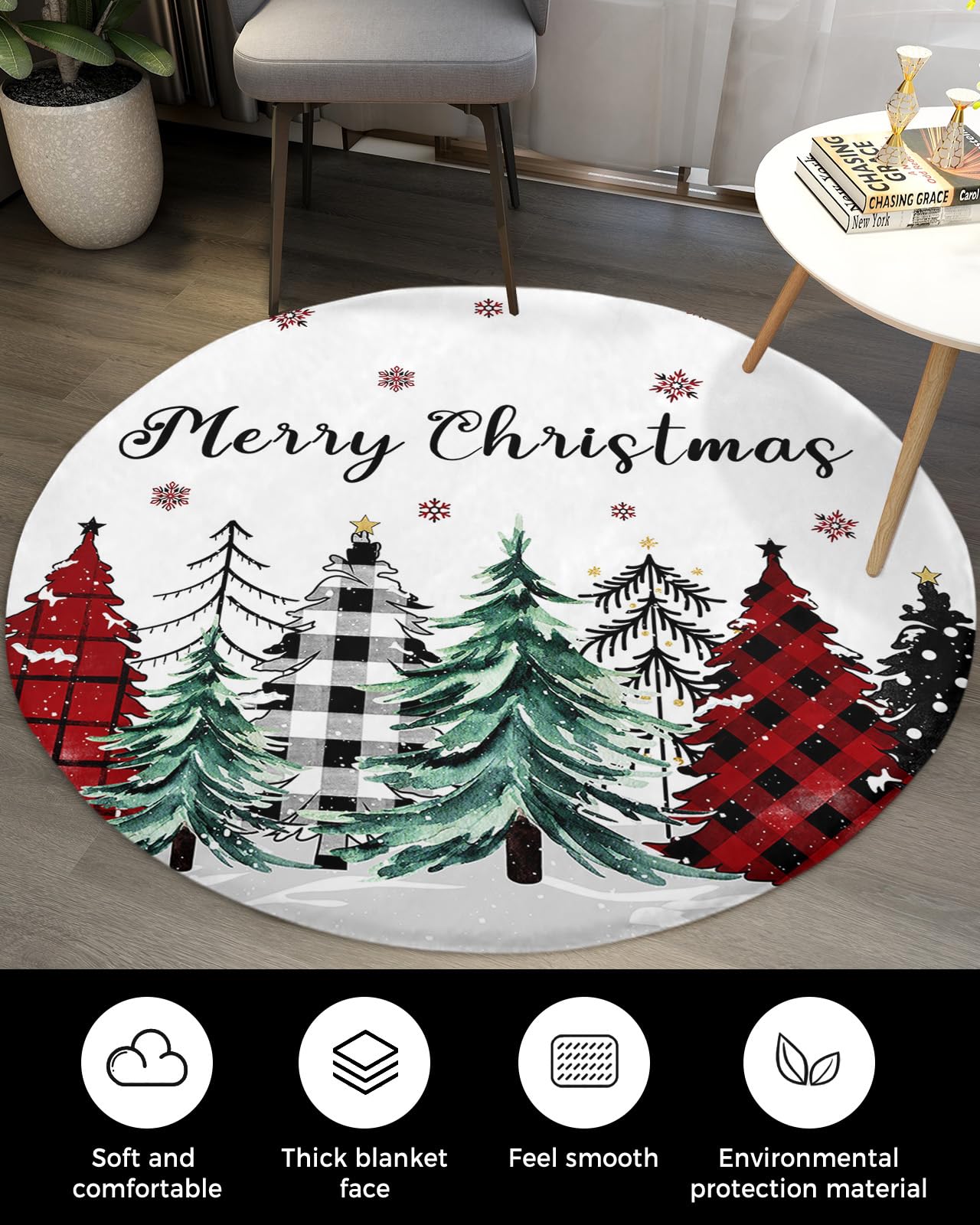 Buffalo Plaid Tree Fluffy Round Area Rug Carpets 3.3ft, Plush Shaggy Carpet Soft Circular Rugs, Non-Slip Fuzzy Accent Floor Mat for Living Room Bedroom Nursery Decor Christmas Red Green Black Dots