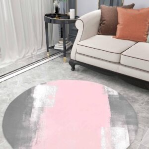 Contemporary Fluffy Round Area Rug Carpets 3.3ft, Plush Shaggy Carpet Soft Circular Rugs, Non-Slip Fuzzy Accent Floor Mat for Living Room Bedroom Nursery Pink Grey Abstract Minimalist Painting Art