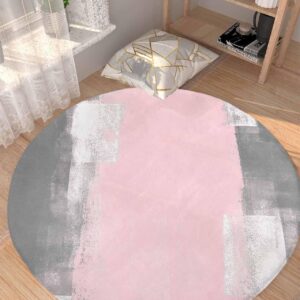 Contemporary Fluffy Round Area Rug Carpets 3.3ft, Plush Shaggy Carpet Soft Circular Rugs, Non-Slip Fuzzy Accent Floor Mat for Living Room Bedroom Nursery Pink Grey Abstract Minimalist Painting Art