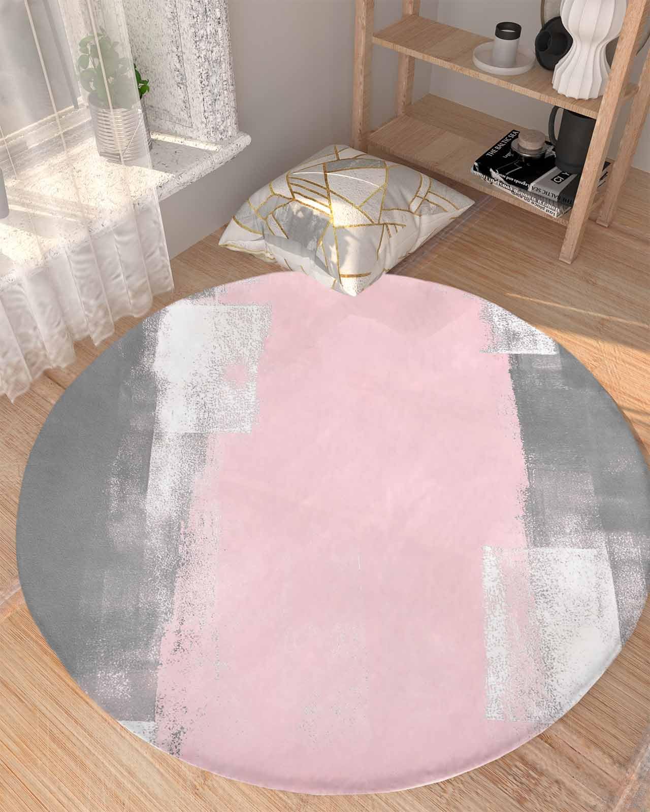 Contemporary Fluffy Round Area Rug Carpets 3.3ft, Plush Shaggy Carpet Soft Circular Rugs, Non-Slip Fuzzy Accent Floor Mat for Living Room Bedroom Nursery Pink Grey Abstract Minimalist Painting Art