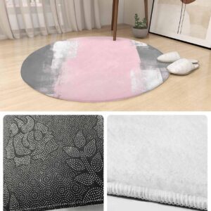 Contemporary Fluffy Round Area Rug Carpets 3.3ft, Plush Shaggy Carpet Soft Circular Rugs, Non-Slip Fuzzy Accent Floor Mat for Living Room Bedroom Nursery Pink Grey Abstract Minimalist Painting Art