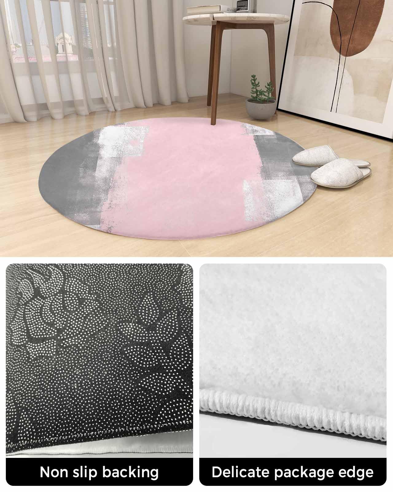 Contemporary Fluffy Round Area Rug Carpets 3.3ft, Plush Shaggy Carpet Soft Circular Rugs, Non-Slip Fuzzy Accent Floor Mat for Living Room Bedroom Nursery Pink Grey Abstract Minimalist Painting Art