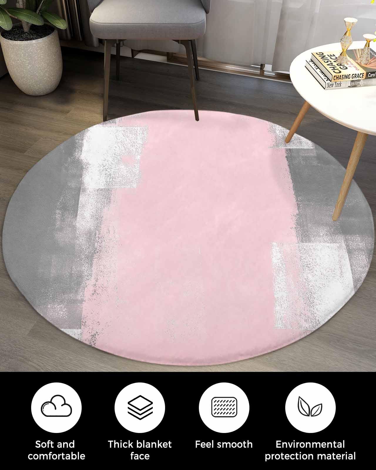 Contemporary Fluffy Round Area Rug Carpets 3.3ft, Plush Shaggy Carpet Soft Circular Rugs, Non-Slip Fuzzy Accent Floor Mat for Living Room Bedroom Nursery Pink Grey Abstract Minimalist Painting Art