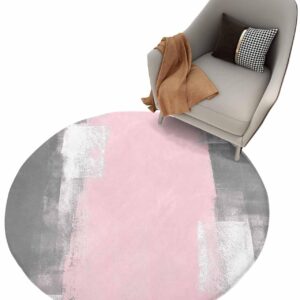 Contemporary Fluffy Round Area Rug Carpets 3.3ft, Plush Shaggy Carpet Soft Circular Rugs, Non-Slip Fuzzy Accent Floor Mat for Living Room Bedroom Nursery Pink Grey Abstract Minimalist Painting Art