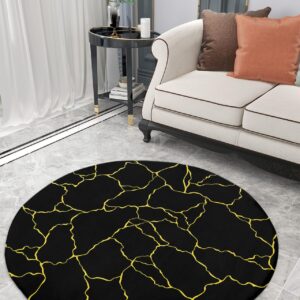 Black Gold Fluffy Round Area Rug Carpets 4ft, Plush Shaggy Carpet Soft Circular Rugs, Non-Slip Fuzzy Accent Floor Mat for Living Room Bedroom Nursery Home Decor Modern Geometric Abstract Art