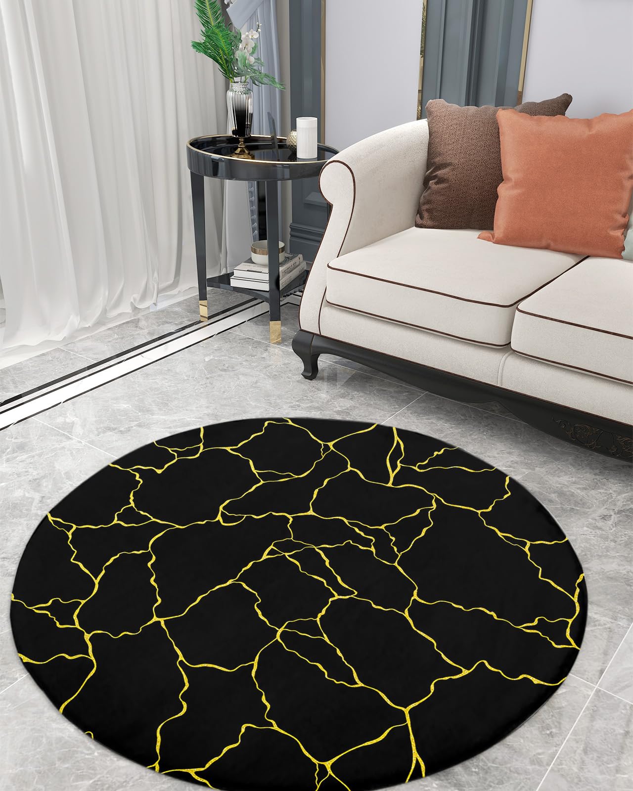 Black Gold Fluffy Round Area Rug Carpets 4ft, Plush Shaggy Carpet Soft Circular Rugs, Non-Slip Fuzzy Accent Floor Mat for Living Room Bedroom Nursery Home Decor Modern Geometric Abstract Art