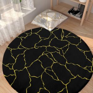 Black Gold Fluffy Round Area Rug Carpets 4ft, Plush Shaggy Carpet Soft Circular Rugs, Non-Slip Fuzzy Accent Floor Mat for Living Room Bedroom Nursery Home Decor Modern Geometric Abstract Art