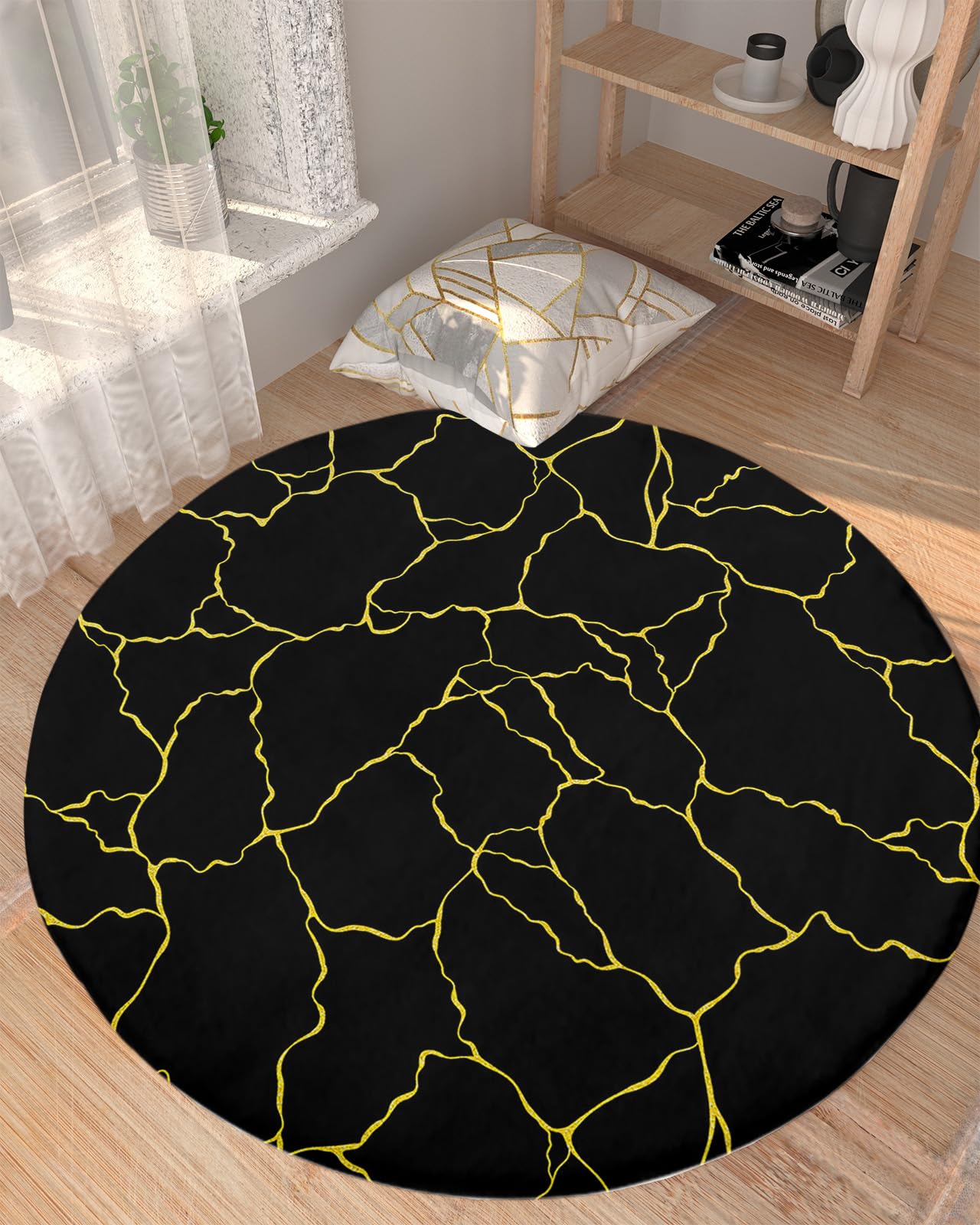 Black Gold Fluffy Round Area Rug Carpets 4ft, Plush Shaggy Carpet Soft Circular Rugs, Non-Slip Fuzzy Accent Floor Mat for Living Room Bedroom Nursery Home Decor Modern Geometric Abstract Art