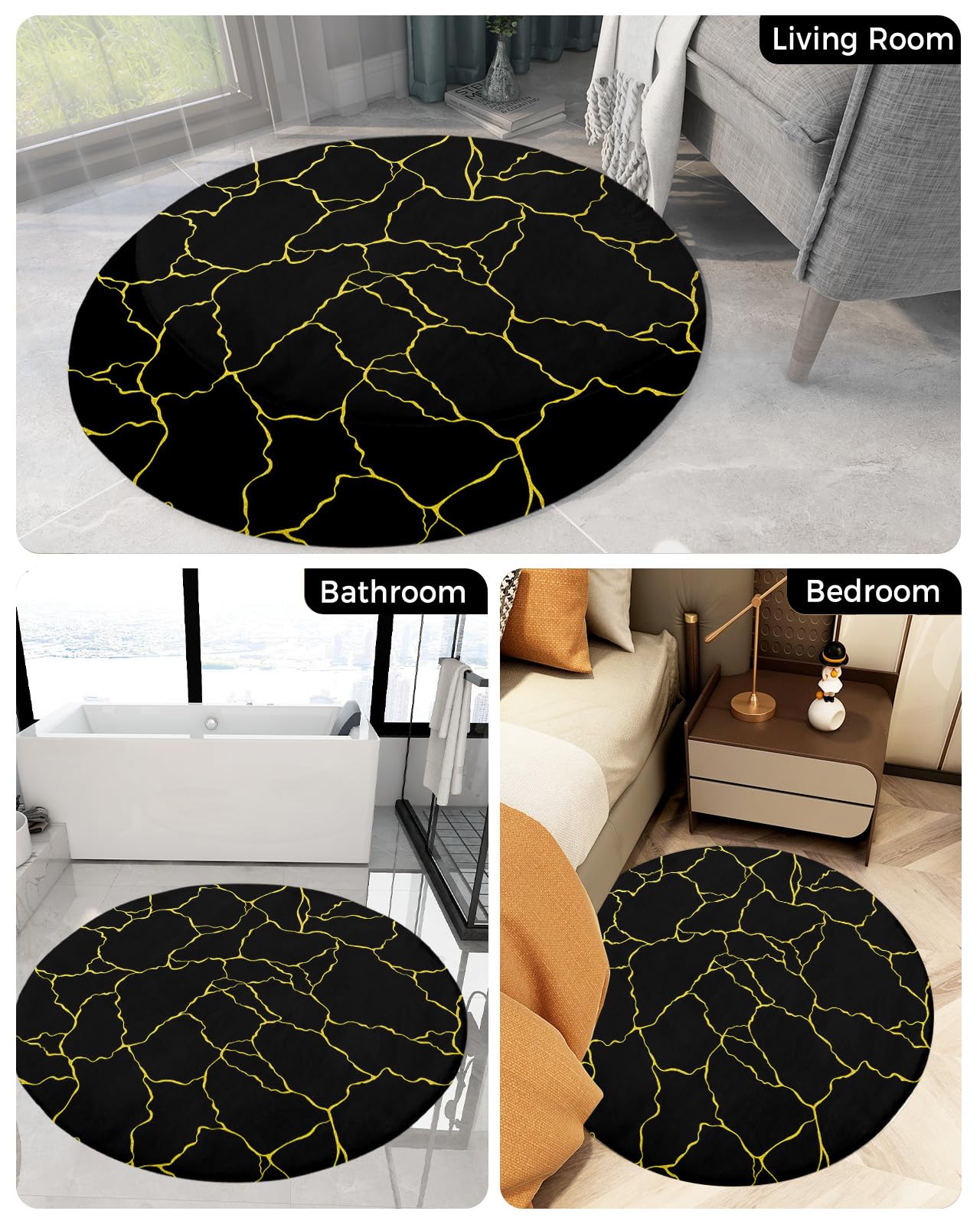 Black Gold Fluffy Round Area Rug Carpets 4ft, Plush Shaggy Carpet Soft Circular Rugs, Non-Slip Fuzzy Accent Floor Mat for Living Room Bedroom Nursery Home Decor Modern Geometric Abstract Art
