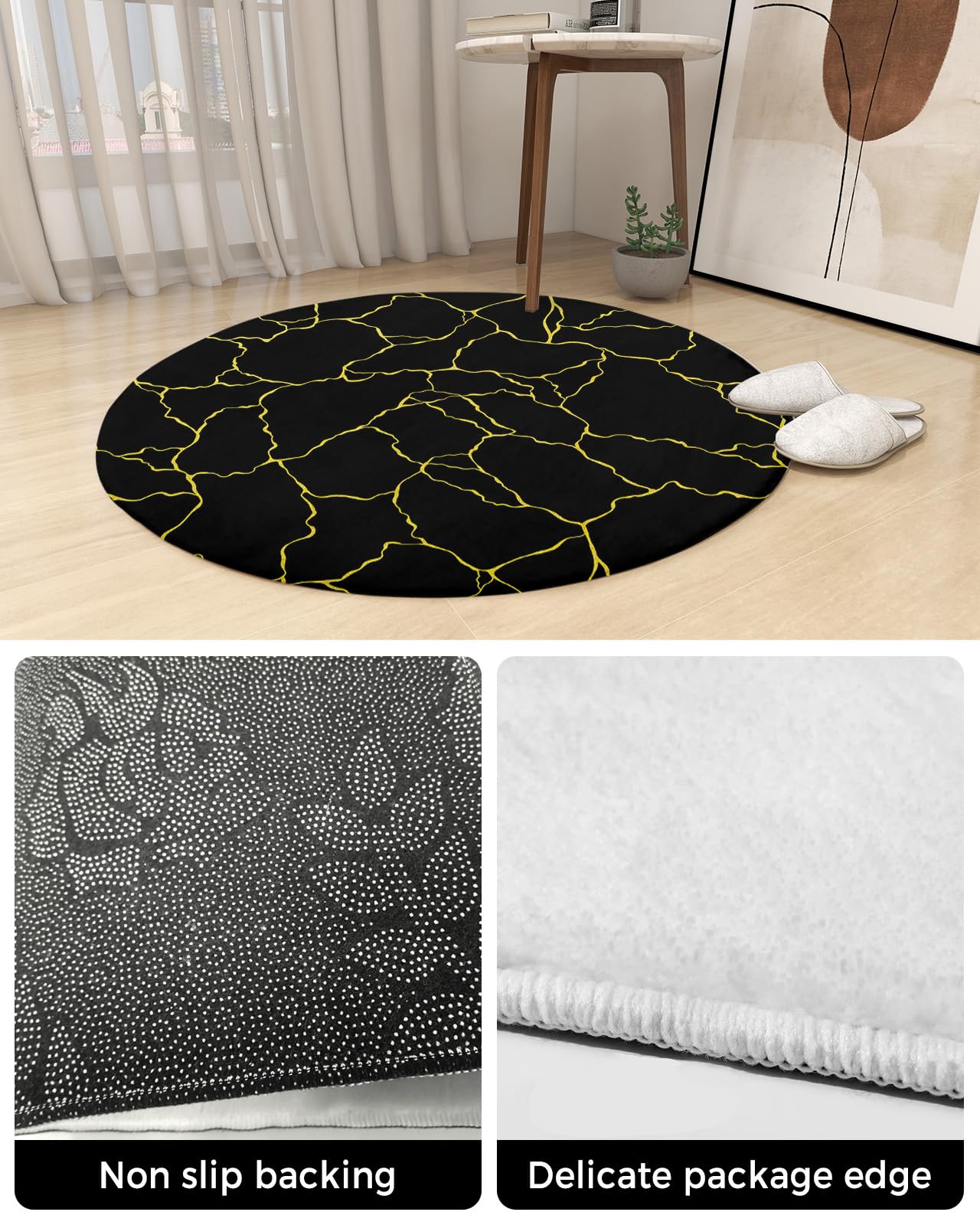 Black Gold Fluffy Round Area Rug Carpets 4ft, Plush Shaggy Carpet Soft Circular Rugs, Non-Slip Fuzzy Accent Floor Mat for Living Room Bedroom Nursery Home Decor Modern Geometric Abstract Art
