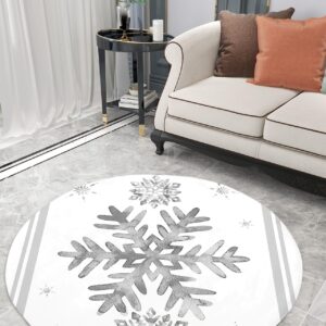 Grey Snowflake Fluffy Round Area Rug Carpets 5ft, Plush Shaggy Carpet Soft Circular Rugs, Non-Slip Fuzzy Accent Floor Mat for Living Room Bedroom Nursery Home Decor Winter Christmas Stripes Holiday