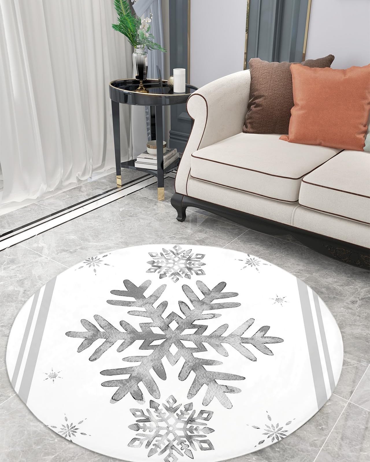 Grey Snowflake Fluffy Round Area Rug Carpets 5ft, Plush Shaggy Carpet Soft Circular Rugs, Non-Slip Fuzzy Accent Floor Mat for Living Room Bedroom Nursery Home Decor Winter Christmas Stripes Holiday