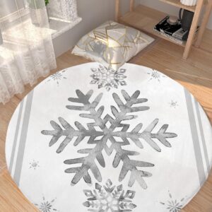 Grey Snowflake Fluffy Round Area Rug Carpets 5ft, Plush Shaggy Carpet Soft Circular Rugs, Non-Slip Fuzzy Accent Floor Mat for Living Room Bedroom Nursery Home Decor Winter Christmas Stripes Holiday