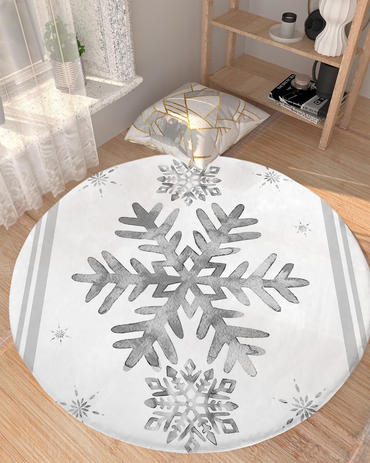 Grey Snowflake Fluffy Round Area Rug Carpets 5ft, Plush Shaggy Carpet Soft Circular Rugs, Non-Slip Fuzzy Accent Floor Mat for Living Room Bedroom Nursery Home Decor Winter Christmas Stripes Holiday