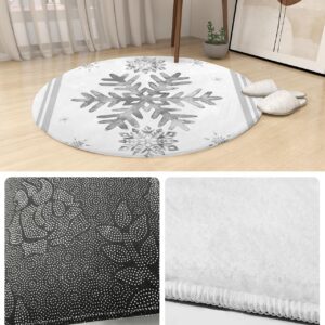 Grey Snowflake Fluffy Round Area Rug Carpets 5ft, Plush Shaggy Carpet Soft Circular Rugs, Non-Slip Fuzzy Accent Floor Mat for Living Room Bedroom Nursery Home Decor Winter Christmas Stripes Holiday