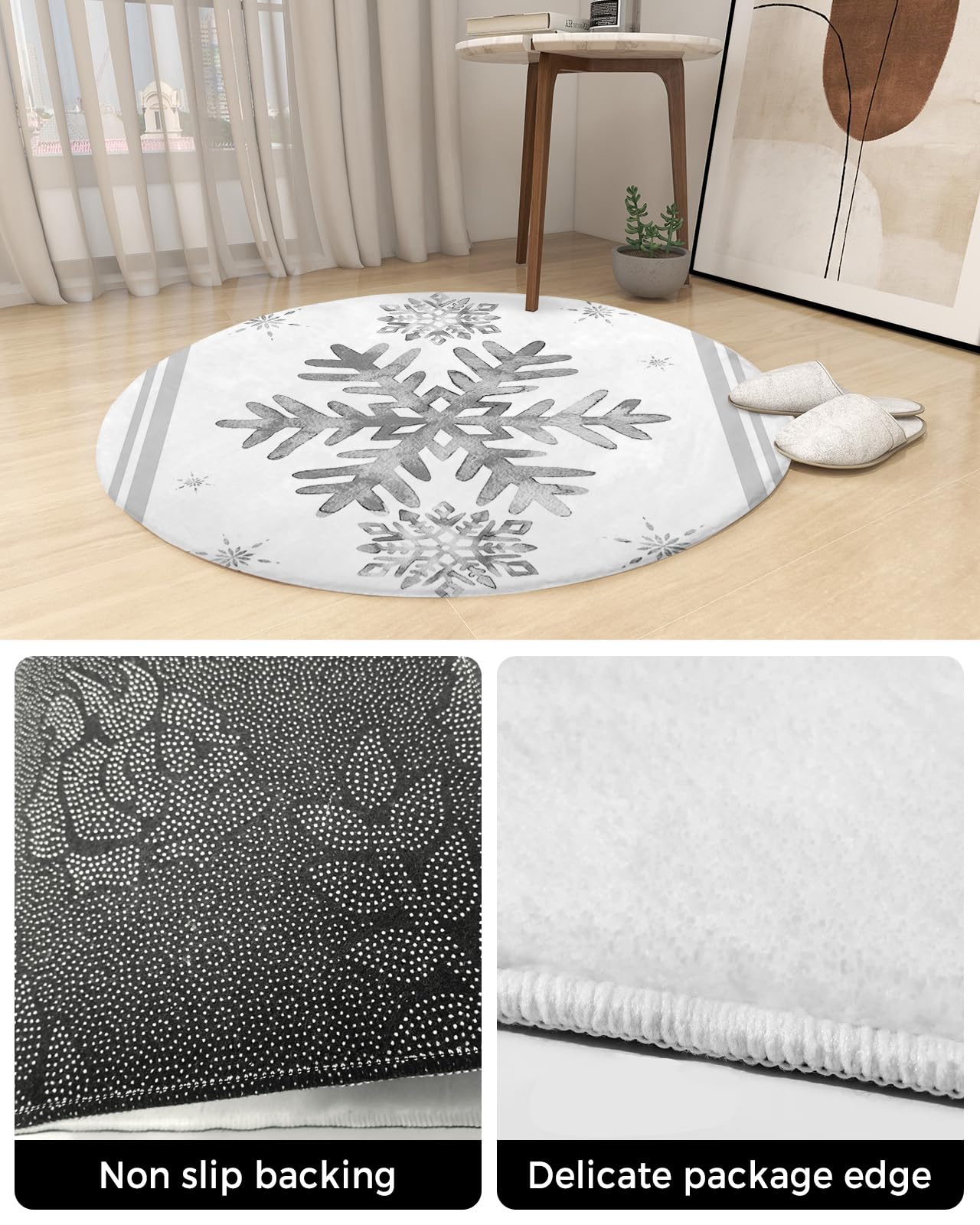 Grey Snowflake Fluffy Round Area Rug Carpets 5ft, Plush Shaggy Carpet Soft Circular Rugs, Non-Slip Fuzzy Accent Floor Mat for Living Room Bedroom Nursery Home Decor Winter Christmas Stripes Holiday