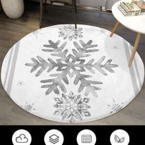 Grey Snowflake Fluffy Round Area Rug Carpets 5ft, Plush Shaggy Carpet Soft Circular Rugs, Non-Slip Fuzzy Accent Floor Mat for Living Room Bedroom Nursery Home Decor Winter Christmas Stripes Holiday