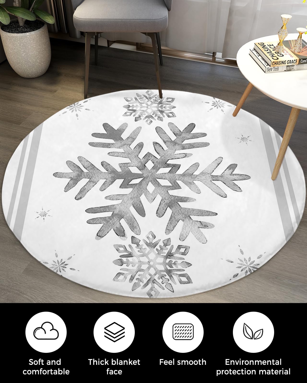 Grey Snowflake Fluffy Round Area Rug Carpets 5ft, Plush Shaggy Carpet Soft Circular Rugs, Non-Slip Fuzzy Accent Floor Mat for Living Room Bedroom Nursery Home Decor Winter Christmas Stripes Holiday